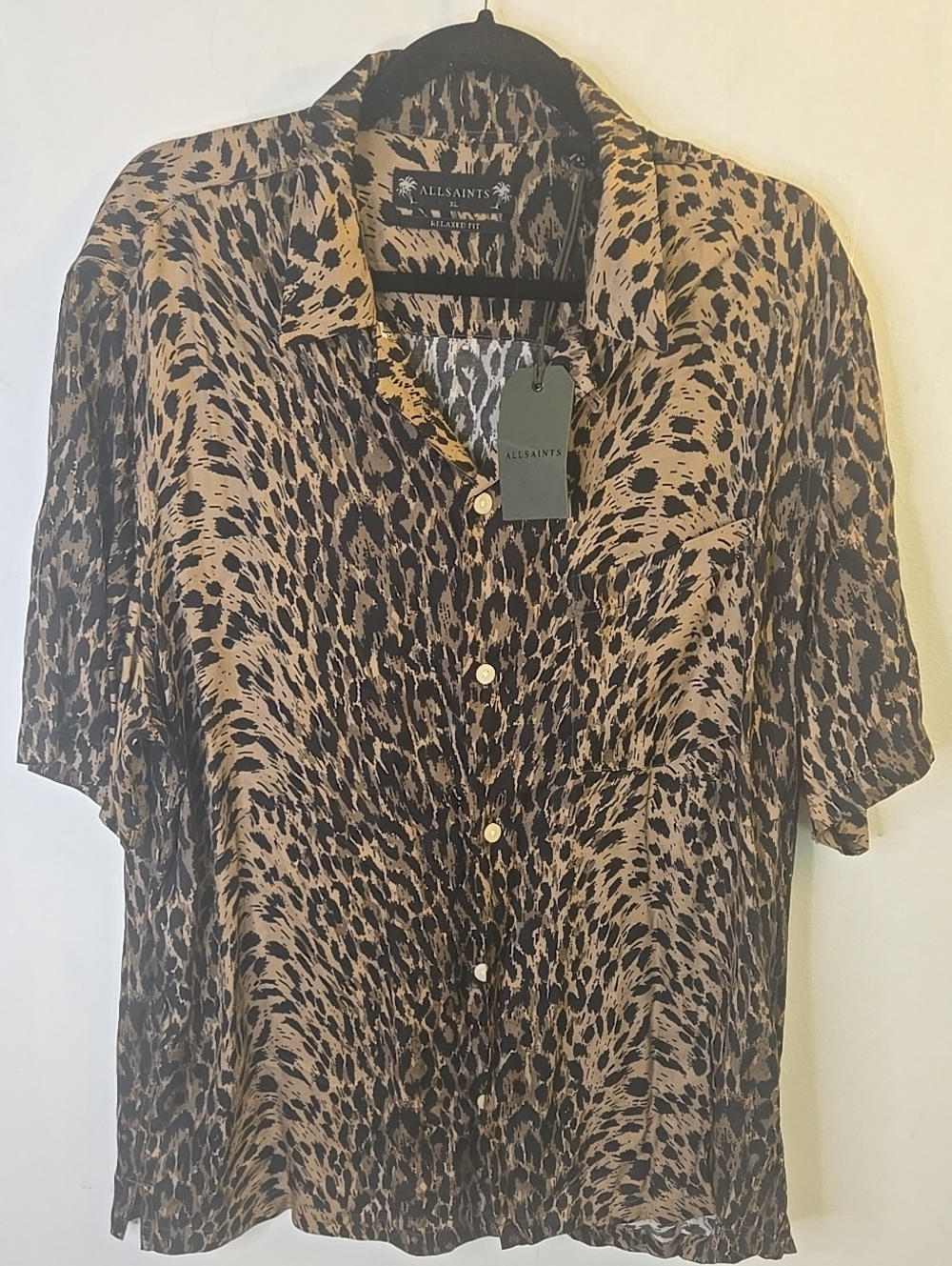 All Saints Leopard-Print Short-Sleeve Button-Up Shirt — Brown & Black